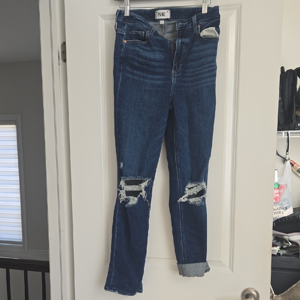 PAIGE Dark Blue Distressed Ankle Jeans